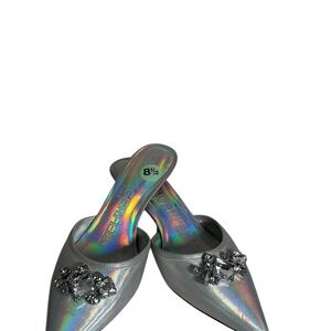 Karl Lagerfeld Iridescent Silver Mules with Jewel Accents